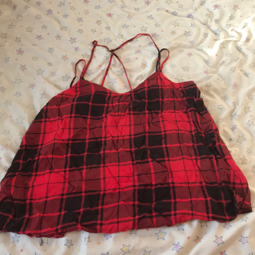 Red and black plaid cropped spaghetti strapped top